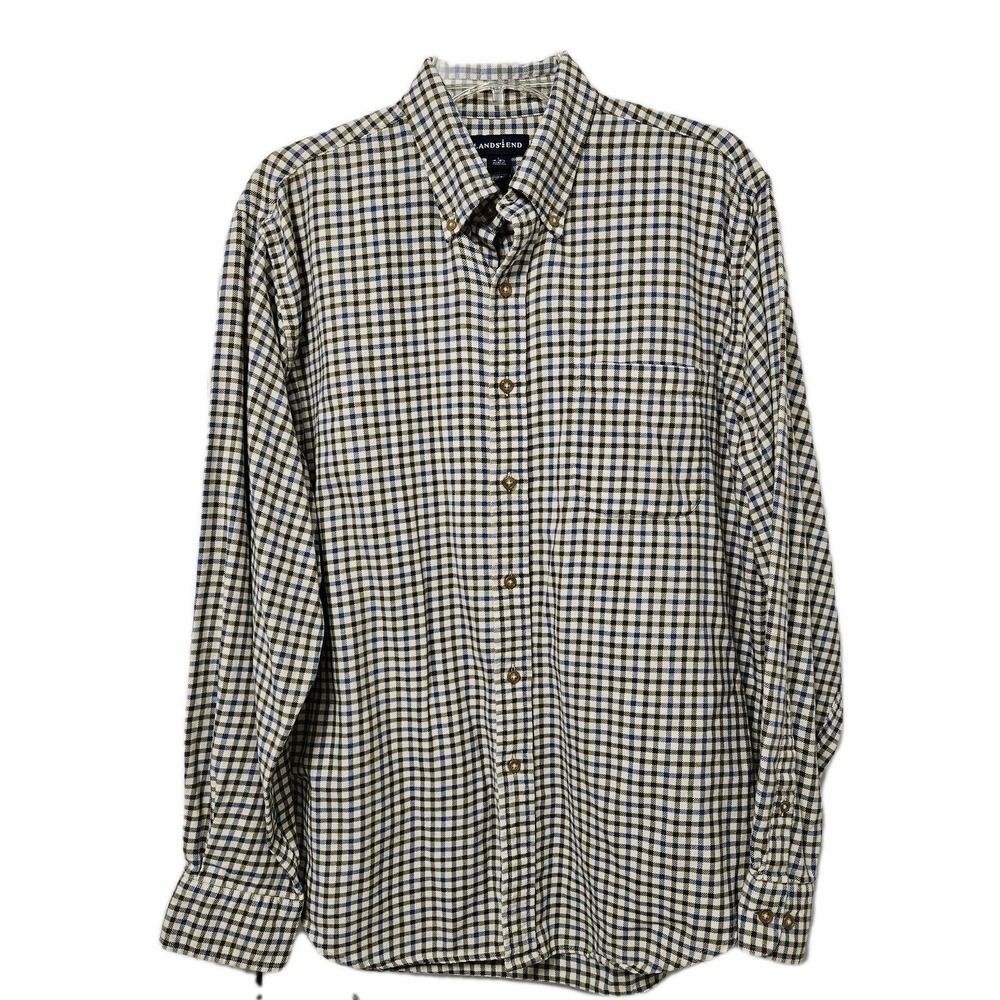 Lands End Flannel Shirt Mens L Blue Green Check Button Down 100% Cotton Heritage